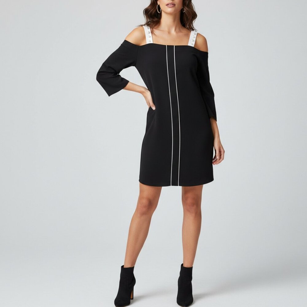 LEA & VIOLA Women's Off the Shoulder Mini Dress with Beaded Straps XS Black